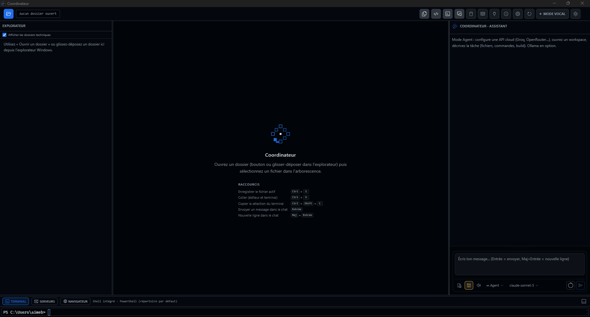 Interface Coordinateur — explorateur, éditeur, chat agent et terminal